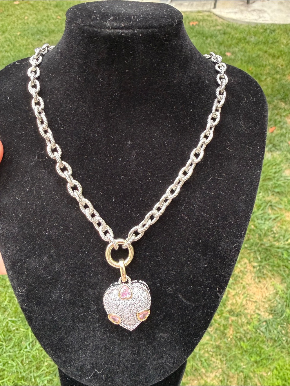 Silver-Tone Heart Pendant Necklace with Pink Accents